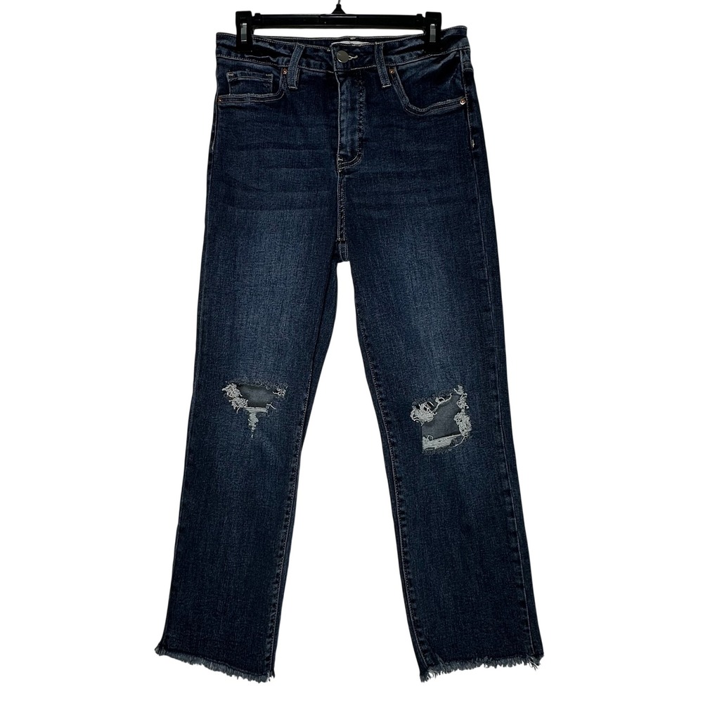 RFM Los Angeles High Rise Straight Leg Jeans‎ Dark Wash Distressed Raw Hem 29x26